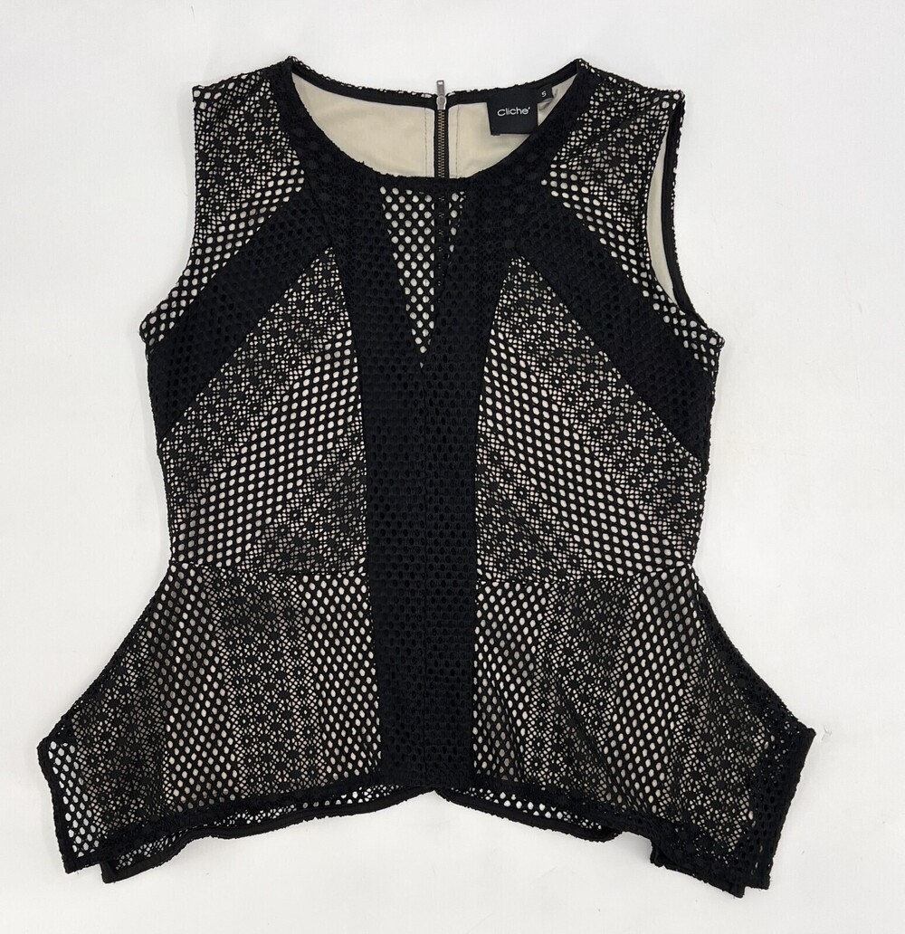 Cliche Shirt Womens Small Black Sleeveless Zip Back Blouse Lace Asymmetric
